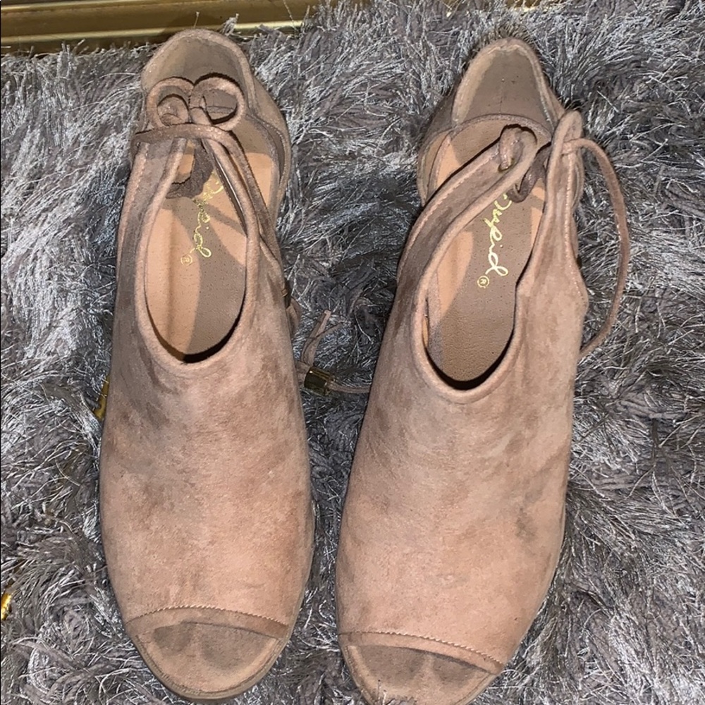 Nude open toe bootie heels